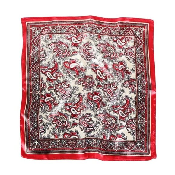 Red Black Paisley Silk Scarf Western Wild Rage Boho Chic Square Lightweight Retr - Picture 5 of 9